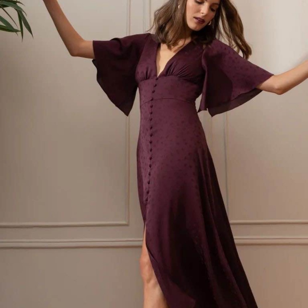 Jenny Yoo Plum V-Neck Maxi Dress with Flutter Sleeves